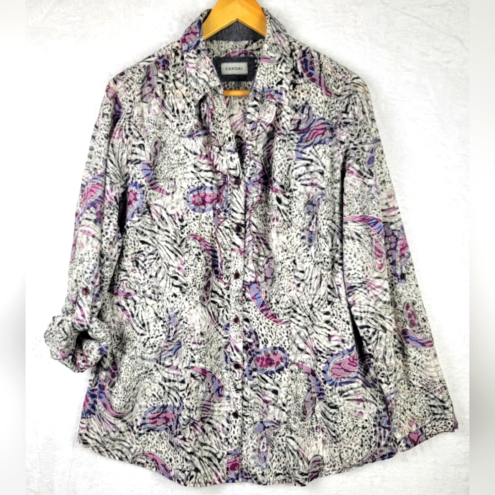Canda Blouse Womens 16 Sheer Ruffle Roll Tab Sleeves Multicolor Paisley Bohemian